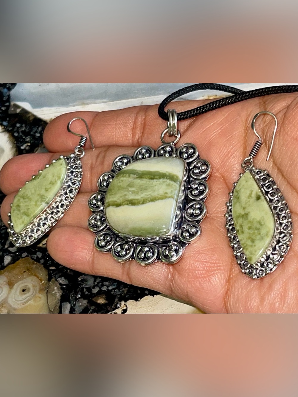 Green Larsonite Pendant & Earrings Set